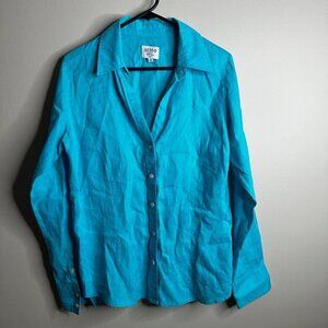 Hiho Designed in Tortola Button Up Top Womens Sz M Turquoise 100% Linen Coastal